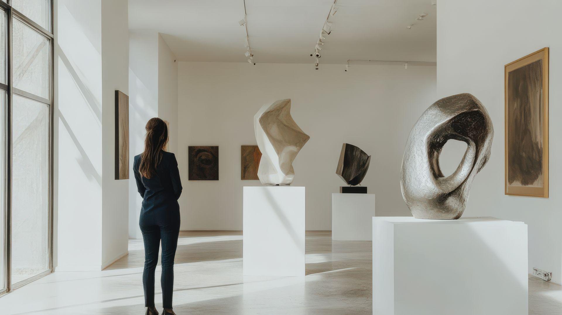 Moderne Skulpturen in einer hellen Kunstgalerie, stilvolle Atmosphäre im Kontext von Escort Düsseldorf